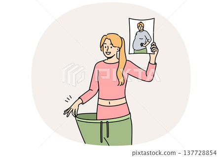 Lost weight woman in huge pants, showing own old photo with big belly and fat or cellulite on hips Lost weight woman in huge pants, showing own old photo with big belly and fat or cellulite on hips 137728854