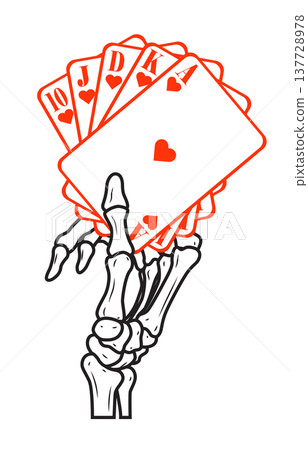 Skull hand Royal flush hand whit the symbol heart Skull hand Royal flush hand whit the symbol heart 137728978