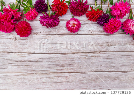 Aster flowers on wooden background. Top view, copy space 137729126