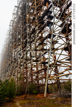 Duga, a Soviet over-the-horizon (OTH) radar system as part of the Soviet anti-ballistic missile early-warning network, in Chernobyl Exclusion Zone in Ukraine 137729152