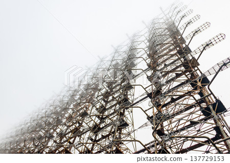 Duga, a Soviet over-the-horizon (OTH) radar system as part of the Soviet anti-ballistic missile early-warning network, in Chernobyl Exclusion Zone in Ukraine 137729153