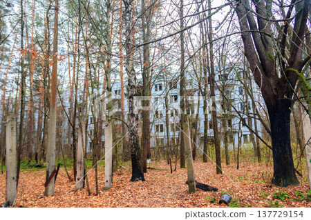 Old abandoned house in the ghost town Pripyat in Chernobyl Exclusion Zone, Ukraine 137729154