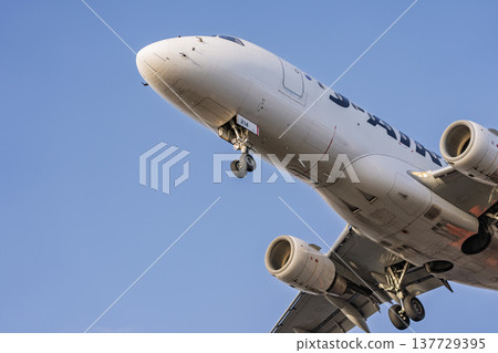 黃昏時分的仙台機場，飛機降落，宮城縣名取市 137729395