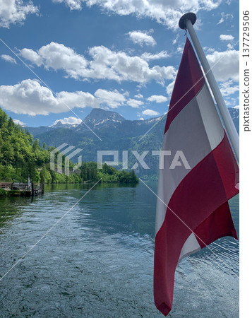 Austrian flag in Upper Austria region, Hallstatt, Austrian Alps, Austria 137729506