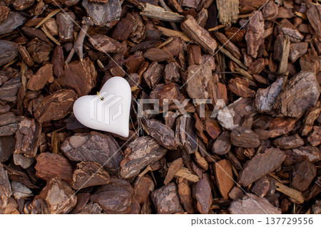 View of a heart-shaped stone figurine lying on sawdust 137729556