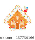 Christmas gingerbread house with candies and icing - cute festive cartoon vector illustration. 137730166