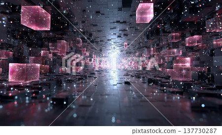 一條走廊，地面舖有反光材料，兩側排列著粉紅色立方體。 137730287