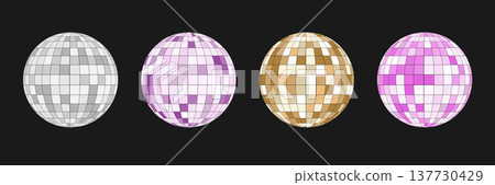Pink and gold glitterball with shiny mirror pattern and glowing reflections in 80s aesthetic. Vector illustration isolated for club poster, music party design and dance celebration print 137730429