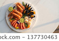 Vibrant Seafood Platter Flat Lay with Prawns, Mussels and Salmon Sashimi on White Marble 137730463
