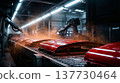 Cinematic macro of red automotive body panels on factory conveyor belt 137730464
