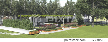 3D rendering of a modern landscape garden. Outdoor patio with pergola, fireplace and green lawn 3D rendering of a modern landscape garden. Outdoor patio with pergola, fireplace and green lawn 137730510