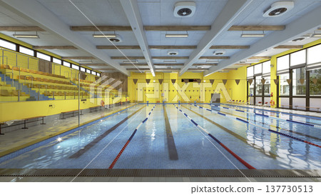 3D rendering of an empty indoor swimming pool. Modern sports facility with yellow walls and lanes 137730513