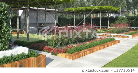 Modern outdoor garden landscaping with concrete pathways and fire pit. 3d rendering of backyard Modern outdoor garden landscaping with concrete pathways and fire pit. 3d rendering of backyard 137730514