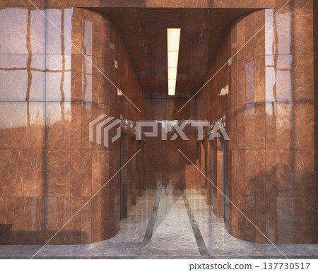 3D rendering of a luxury elevator lobby. Polished red marble walls and grey stone flooring 137730517