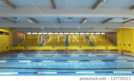 3D rendering of an empty indoor swimming pool. Blue water lanes and yellow stadium seating 3D rendering of an empty indoor swimming pool. Blue water lanes and yellow stadium seating 137730521