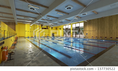 Modern indoor swimming pool interior. 3D illustration of an empty sports facility with water lanes 137730522
