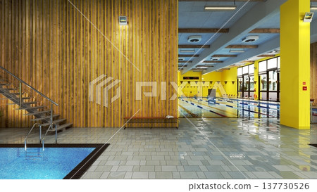 Empty indoor swimming pool facility with yellow walls and wooden paneling. Sports center. 3D render Empty indoor swimming pool facility with yellow walls and wooden paneling. Sports center. 3D render 137730526