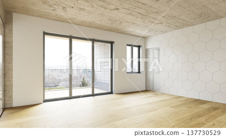 Empty modern apartment interior with wood floor and concrete ceiling. 3D rendering of a bright room Empty modern apartment interior with wood floor and concrete ceiling. 3D rendering of a bright room 137730529