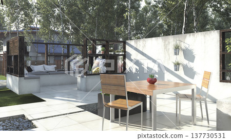 3D rendering of a modern outdoor patio. Wooden dining table and concrete seating in sunlight 3D rendering of a modern outdoor patio. Wooden dining table and concrete seating in sunlight 137730531
