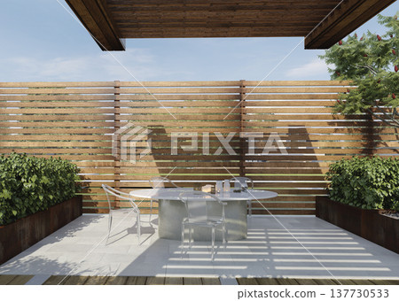 3D rendering of an outdoor dining patio. Transparent chairs and oval table under a wooden pergola 3D rendering of an outdoor dining patio. Transparent chairs and oval table under a wooden pergola 137730533