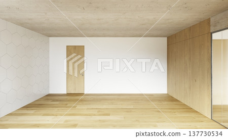 Empty modern room with wood floor and concrete ceiling. Unfurnished interior with hexagonal tiles 137730534