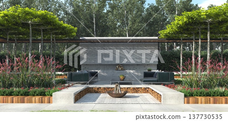 3d illustration of a contemporary outdoor lounge. Symmetrical backyard patio with fire pit and sofas 3d illustration of a contemporary outdoor lounge. Symmetrical backyard patio with fire pit and sofas 137730535