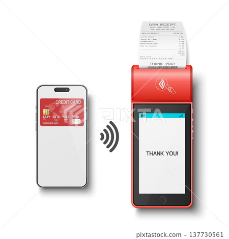 Vector 3d Red NFC Payment Terminal with Smartphone Closeup. Approved Payment and Successful Transaction. Contactless Payment Machine Template, Bank Card Transaction POS Terminal Vector 3d Red NFC Payment Terminal with Smartphone Closeup. Approved Payment and Successful Transaction. Contactless Payment Machine Template, Bank Card Transaction POS Terminal 137730561