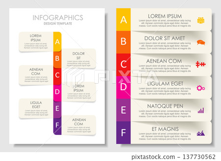 Dual infographic layouts with numbered steps, icons, text for business, planning, or presentation purposes. Vector illustration. Dual infographic layouts with numbered steps, icons, text for business, planning, or presentation purposes. Vector illustration. 137730562