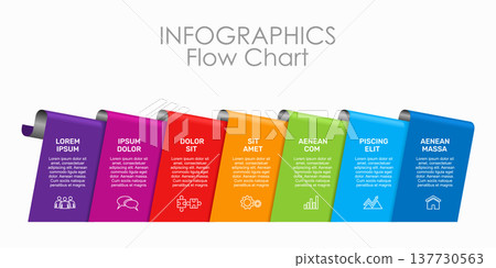 Modern 7-step infographic with gradient ribbons, icons, and text blocks perfect for business processes. Vector illustration. 137730563