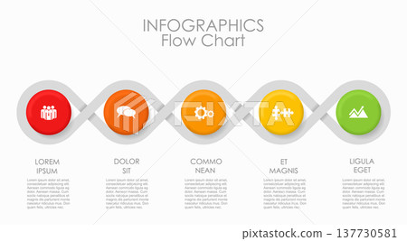 Horizontal flowchart with interconnected circular nodes and gradient icons, ideal for process, collaboration, service workflows. 137730581