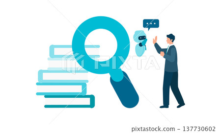 Simple illustration of people working in an office, meeting with a whiteboard 137730602