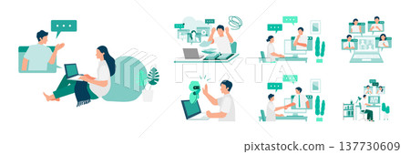 A set of business illustrations for summer teleworking/hybrid work, energy saving, and heatstroke countermeasures. 137730609