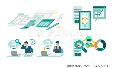 一組插圖，描繪了商人使用 AI/OCR 自動化技術透過智慧型手機掃描收據和發票的場景。 137730610