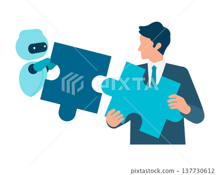 A businessman completes a puzzle with an AI assistant, illustrating problem-solving and strategic goal achievement. A businessman completes a puzzle with an AI assistant, illustrating problem-solving and strategic goal achievement. 137730612