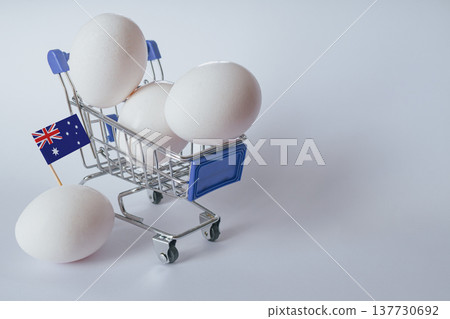 Australian grocery shopping: Fresh white eggs and Australia flag in mini trolley, Oceania food quality concept, domestic agriculture and poultry trade 137730692