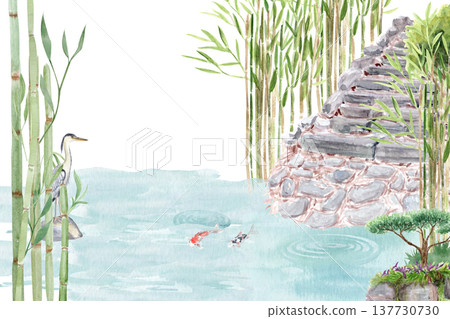 Watercolor illustration of Asian zen garden with bamboo grove, stone steps, koi fish pond, heron. Tranquil oriental landscape with water, plants rocks for spa design, meditation theme, wallpaper 137730730