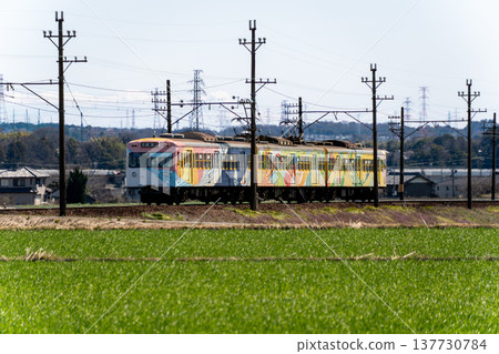 Sangi Railway Sangi Line train set 801, wrapped with a design, running with Mount Fujiwara in the background. Sangi Railway Sangi Line train set 801, wrapped with a design, running with Mount Fujiwara in the background. 137730784