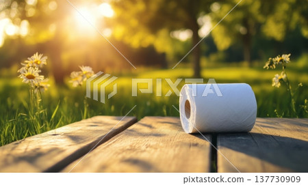 Toilet Paper Roll On Wooden Table In Sunny Summer Garden 137730909