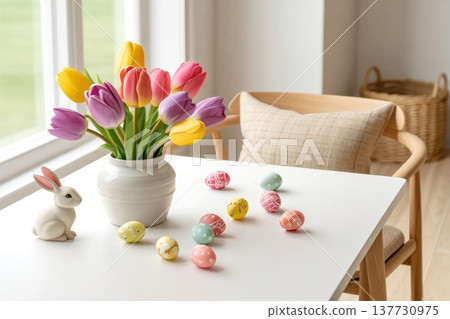 Colorful Tulips Vase Easter Eggs Spring Table Minimal Interior Scene Colorful Tulips Vase Easter Eggs Spring Table Minimal Interior Scene 137730975