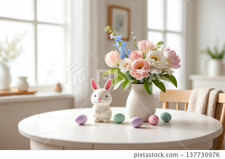 Cute Easter Bunny Figurine With Spring Flowers And Pastel Eggs 137730976