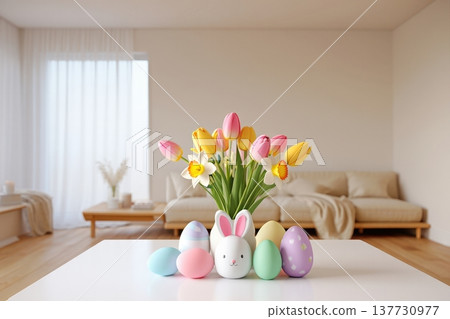 Spring Flowers Bouquet Easter Eggs And Bunny Table Festive Decoration 137730977