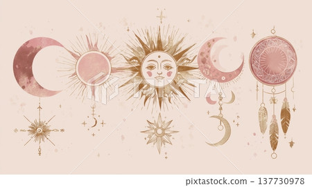 Boho Celestial Sun Moon Stars Mystical Spiritual Illustration Design 137730978