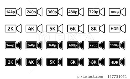 Collection of video resolution labels and camera icons, Element Symbols for film quality Collection of video resolution labels and camera icons, Element Symbols for film quality 137731051