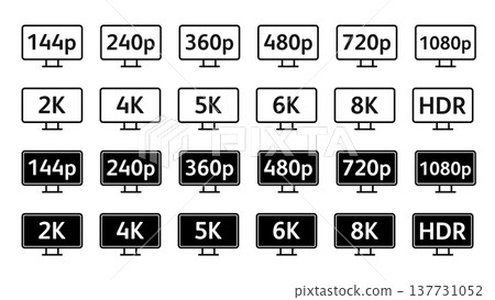 Collection Icons Set of screen resolutions from 144p to 8K and HDR labels in line and solid styles Collection Icons Set of screen resolutions from 144p to 8K and HDR labels in line and solid styles 137731052