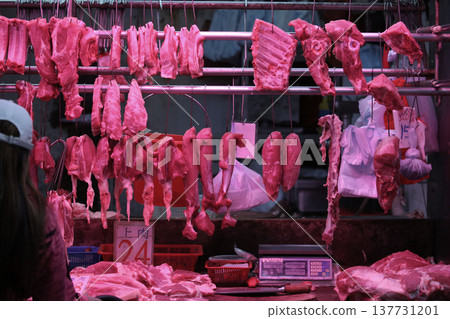 Pork sold at a butcher shop in the Hong Kong market. Higher and more expensive than beef and chicken. Chinese love pork Pork sold at a butcher shop in the Hong Kong market. Higher and more expensive than beef and chicken. Chinese love pork 137731201