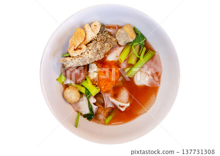 Top view of Yentafo Pink seafood flat noodles with fish meatballs, focus selective 137731308