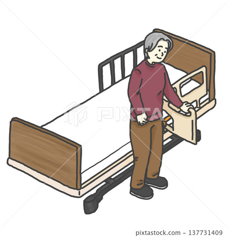 Bed, standing up, standing position, L-shaped railing, elderly, rehabilitation, welfare equipment, nursing bed, illustration, independent living support Bed, standing up, standing position, L-shaped railing, elderly, rehabilitation, welfare equipment, nursing bed, illustration, independent living support 137731409