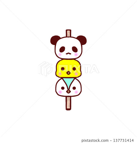 熊貓、小雞和企鵝吃三色團子的可愛插圖 137731414
