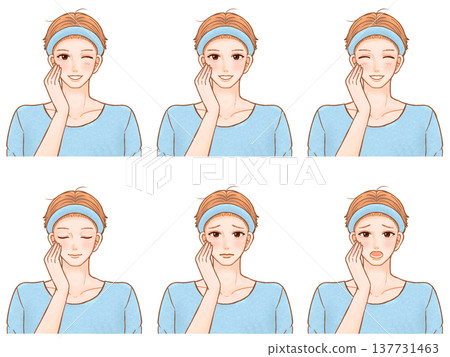 A set of illustrations of an adult man wearing a headband and doing skincare. A set of illustrations of an adult man wearing a headband and doing skincare. 137731463