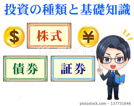 Illustration of a man explaining different types of investments. 137731646
